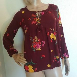 Old Navy Maroon Floral Boho Peasant Top